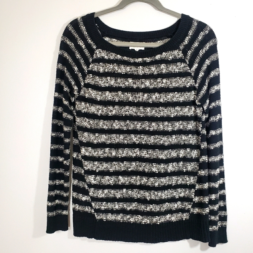 LOU & GREY black marled knit striped raglan sleeve sweater